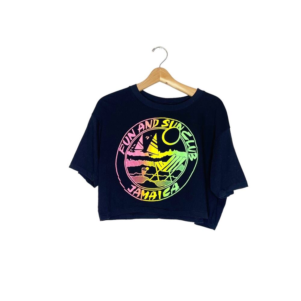 Vintage 90s Sun Island Jamaica‎ Medium Crop Top T-Shirt Black Neon Single Stitch